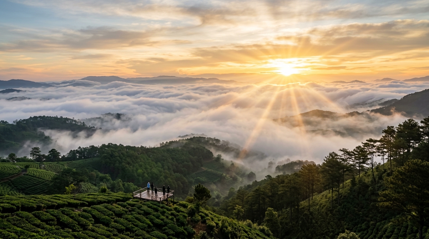 Nông trại đồi chè & Cao nguyên Lâm Đồng sương sớm